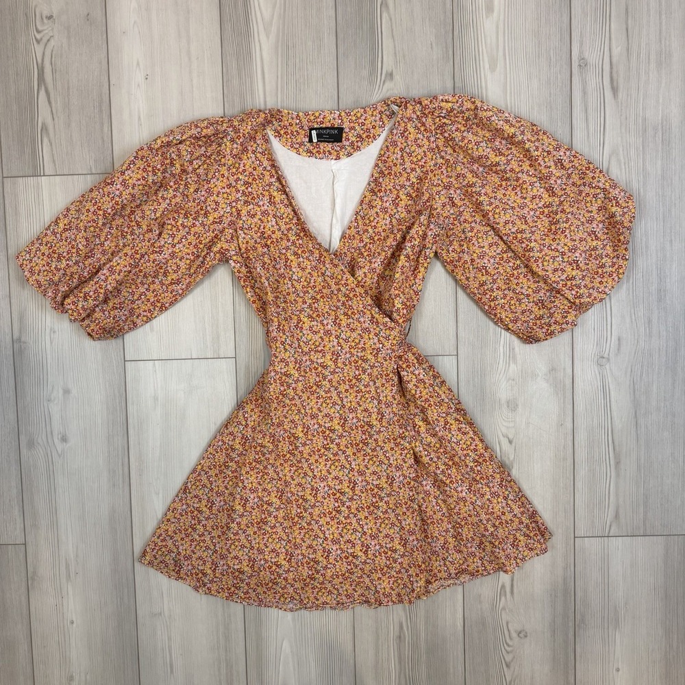MINKPINK Morwell Medium Boho Floral Wrap Mini Dress Puff Sleeve Cottagecore